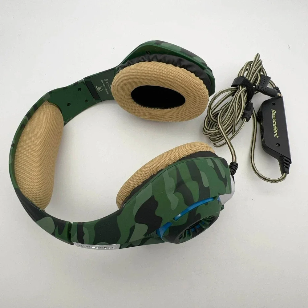 Beexcellent GM-100 Pro Gaming Headset Green Camo Wired LED Mic PS4 Xbox PC‎ EUC